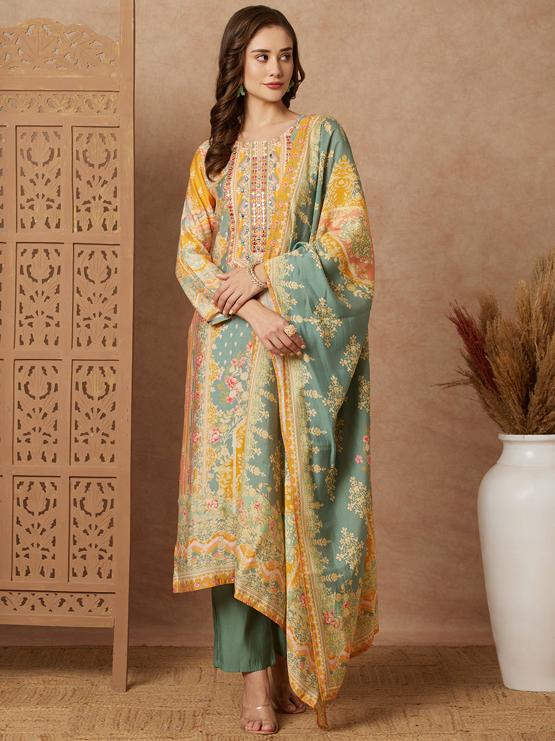 Ethnic Floral Printed Mirror Embroidered Kurta with Pant & Dupatta - Green