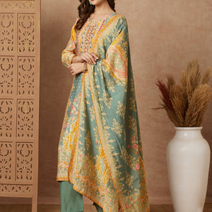 Ethnic Floral Printed Mirror Embroidered Kurta with Pant & Dupatta - Green