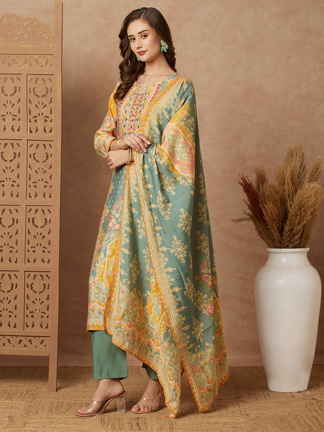 Ethnic Floral Printed Mirror Embroidered Kurta with Pant & Dupatta - Green