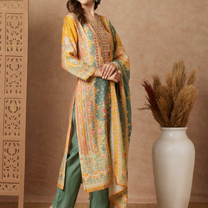 Ethnic Floral Printed Mirror Embroidered Kurta with Pant & Dupatta - Green