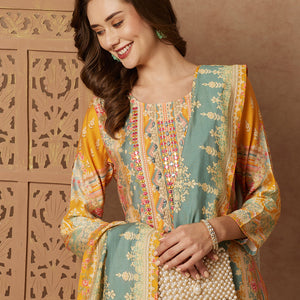 Ethnic Floral Printed Mirror Embroidered Kurta with Pant & Dupatta - Green