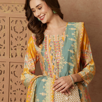 Ethnic Floral Printed Mirror Embroidered Kurta with Pant & Dupatta - Green