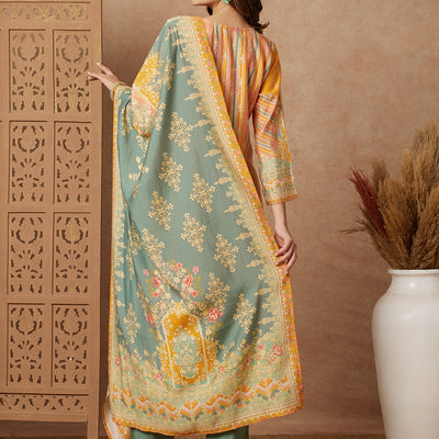 Ethnic Floral Printed Mirror Embroidered Kurta with Pant & Dupatta - Green