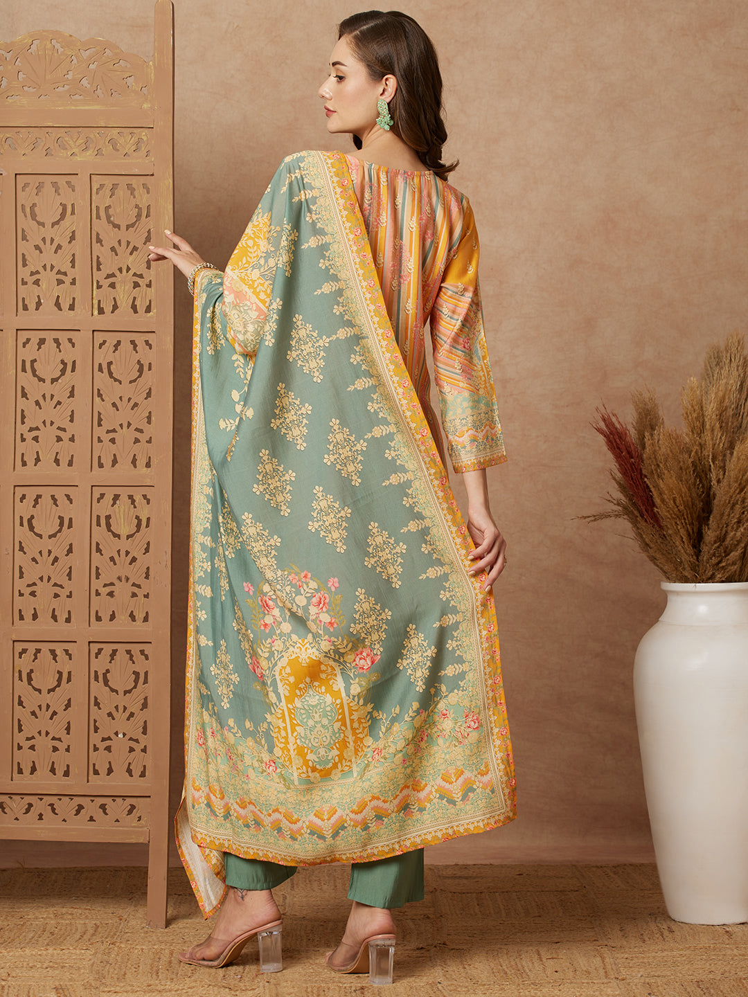 Ethnic Floral Printed Mirror Embroidered Kurta with Pant & Dupatta - Green