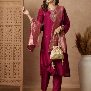 Ethnic Hand Embroidered Straight Fit Kurta with Pant & Dupatta - Purple