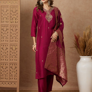 Ethnic Hand Embroidered Straight Fit Kurta with Pant & Dupatta - Purple