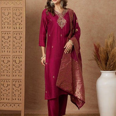 Ethnic Hand Embroidered Straight Fit Kurta with Pant & Dupatta - Purple
