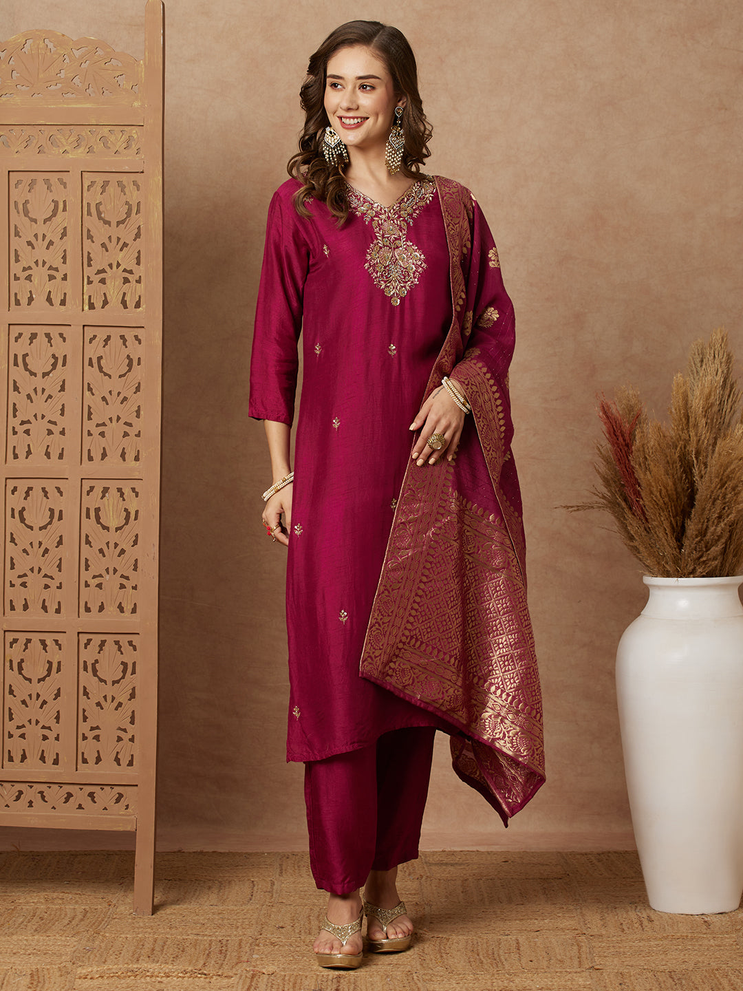 Ethnic Hand Embroidered Straight Fit Kurta with Pant & Dupatta - Purple