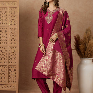 Ethnic Hand Embroidered Straight Fit Kurta with Pant & Dupatta - Purple