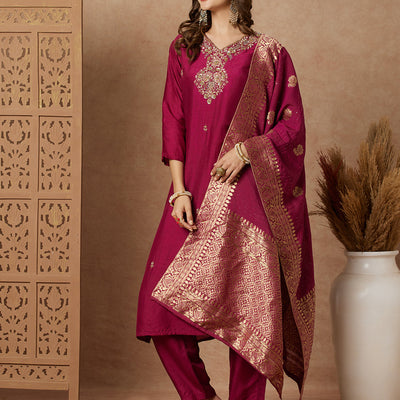 Ethnic Hand Embroidered Straight Fit Kurta with Pant & Dupatta - Purple