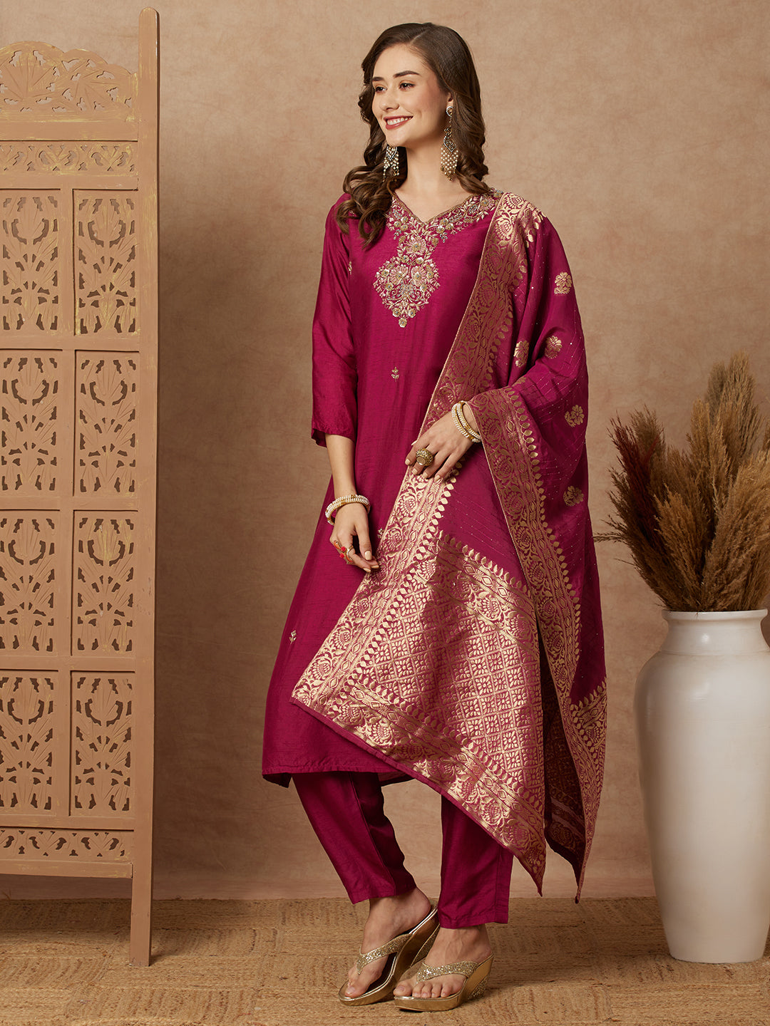 Ethnic Hand Embroidered Straight Fit Kurta with Pant & Dupatta - Purple