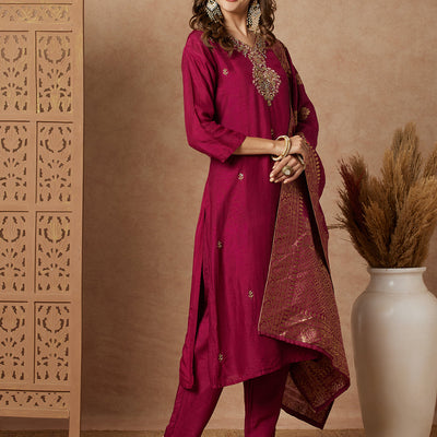Ethnic Hand Embroidered Straight Fit Kurta with Pant & Dupatta - Purple