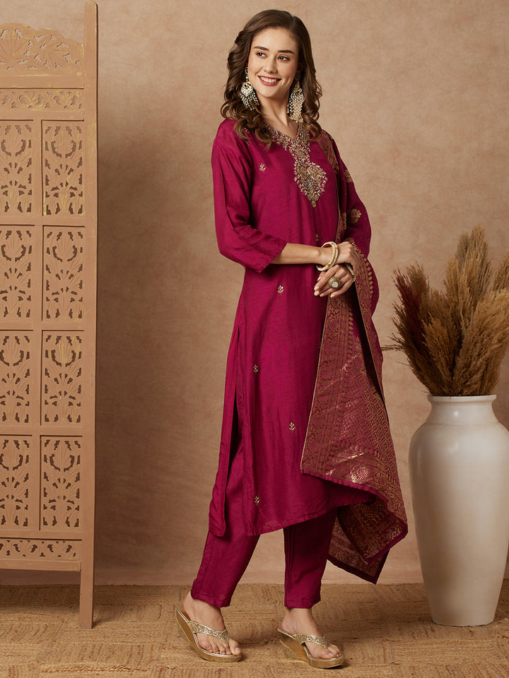 Ethnic Hand Embroidered Straight Fit Kurta with Pant & Dupatta - Purple