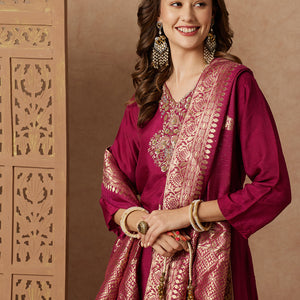 Ethnic Hand Embroidered Straight Fit Kurta with Pant & Dupatta - Purple