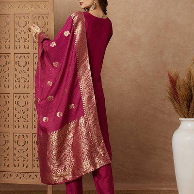 Ethnic Hand Embroidered Straight Fit Kurta with Pant & Dupatta - Purple