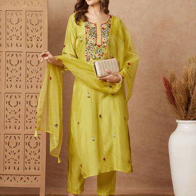 Floral Hand Embroidered Straight Fit Kurta with Pant & Dupatta - Lime Green