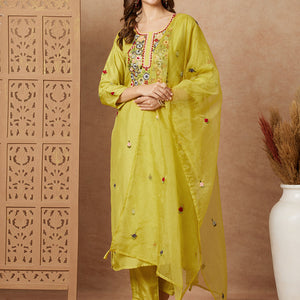 Floral Hand Embroidered Straight Fit Kurta with Pant & Dupatta - Lime Green