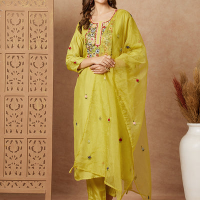 Floral Hand Embroidered Straight Fit Kurta with Pant & Dupatta - Lime Green