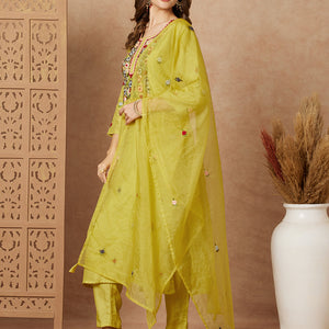 Floral Hand Embroidered Straight Fit Kurta with Pant & Dupatta - Lime Green