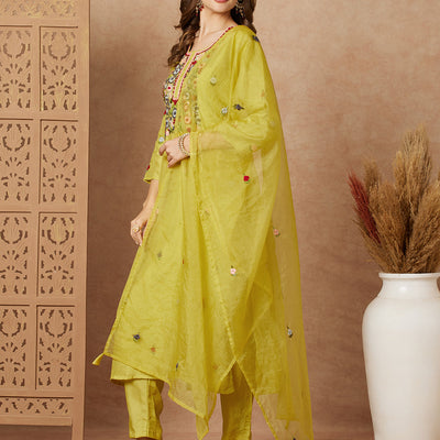 Floral Hand Embroidered Straight Fit Kurta with Pant & Dupatta - Lime Green