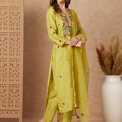 Floral Hand Embroidered Straight Fit Kurta with Pant & Dupatta - Lime Green