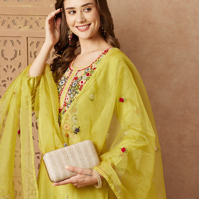 Floral Hand Embroidered Straight Fit Kurta with Pant & Dupatta - Lime Green