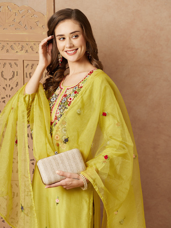 Floral Hand Embroidered Straight Fit Kurta with Pant & Dupatta - Lime Green