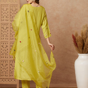 Floral Hand Embroidered Straight Fit Kurta with Pant & Dupatta - Lime Green