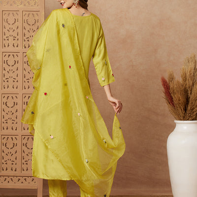 Floral Hand Embroidered Straight Fit Kurta with Pant & Dupatta - Lime Green