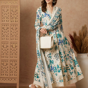 Floral Printed & Embroidered Anarkali with Pant & Dupatta - Off White
