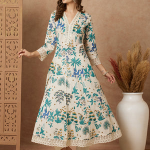 Floral Printed & Embroidered Anarkali with Pant & Dupatta - Off White