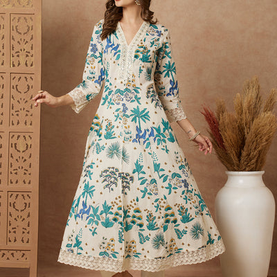Floral Printed & Embroidered Anarkali with Pant & Dupatta - Off White