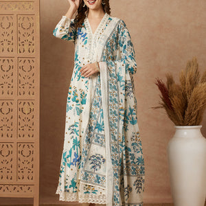 Floral Printed & Embroidered Anarkali with Pant & Dupatta - Off White