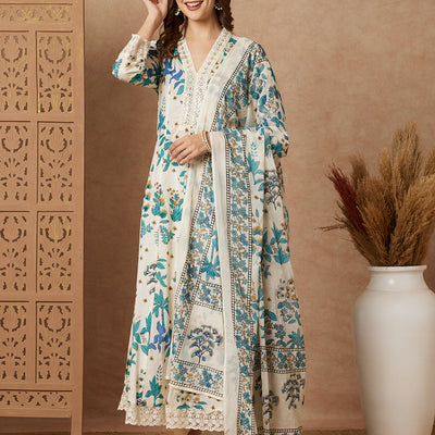 Floral Printed & Embroidered Anarkali with Pant & Dupatta - Off White