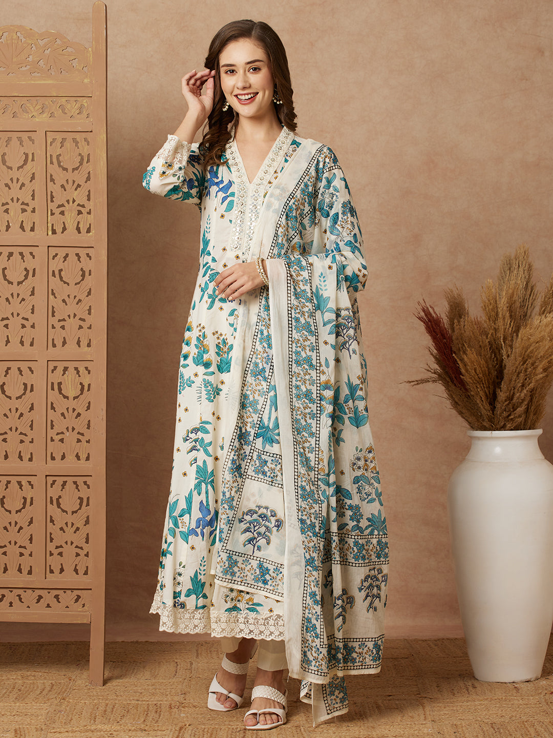 Floral Printed & Embroidered Anarkali with Pant & Dupatta - Off White