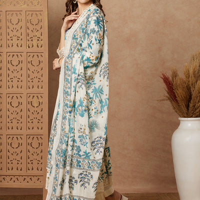 Floral Printed & Embroidered Anarkali with Pant & Dupatta - Off White