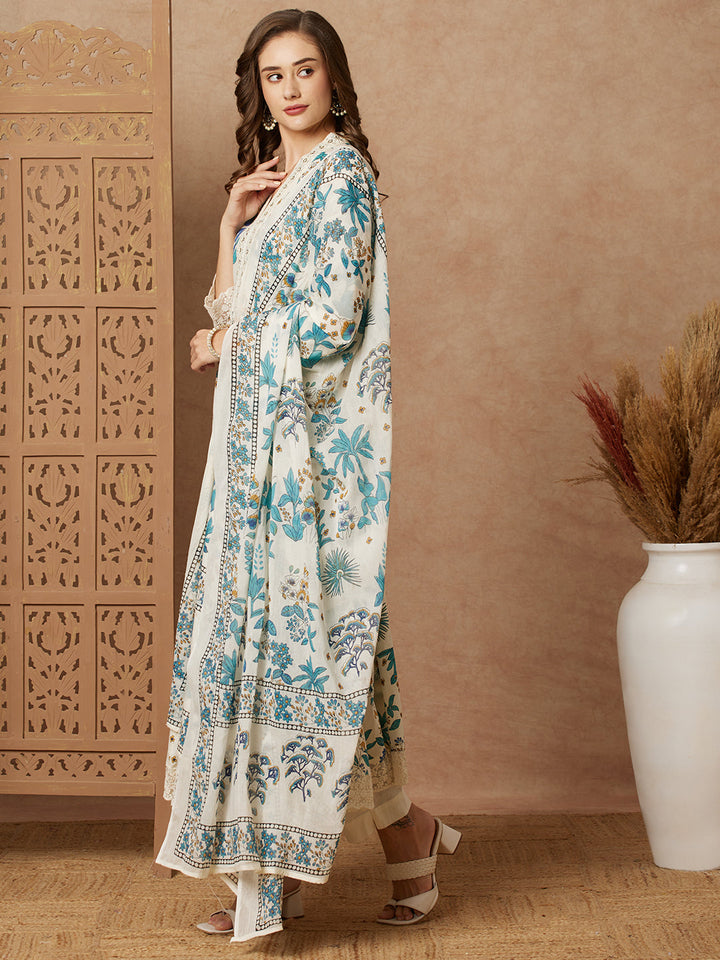 Floral Printed & Embroidered Anarkali with Pant & Dupatta - Off White