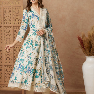 Floral Printed & Embroidered Anarkali with Pant & Dupatta - Off White
