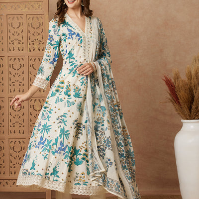 Floral Printed & Embroidered Anarkali with Pant & Dupatta - Off White