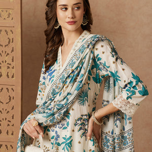 Floral Printed & Embroidered Anarkali with Pant & Dupatta - Off White
