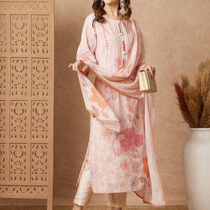 Floral Printed Straight Fit Kurta with Pant & Dupatta - Peach