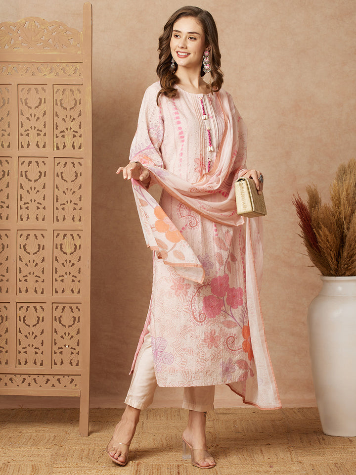 Floral Printed Straight Fit Kurta with Pant & Dupatta - Peach