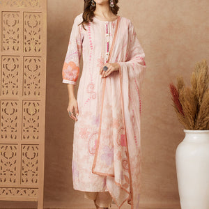 Floral Printed Straight Fit Kurta with Pant & Dupatta - Peach
