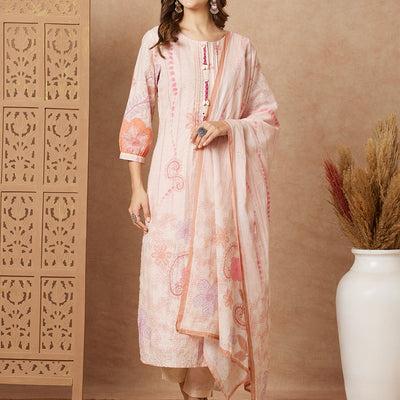 Floral Printed Straight Fit Kurta with Pant & Dupatta - Peach