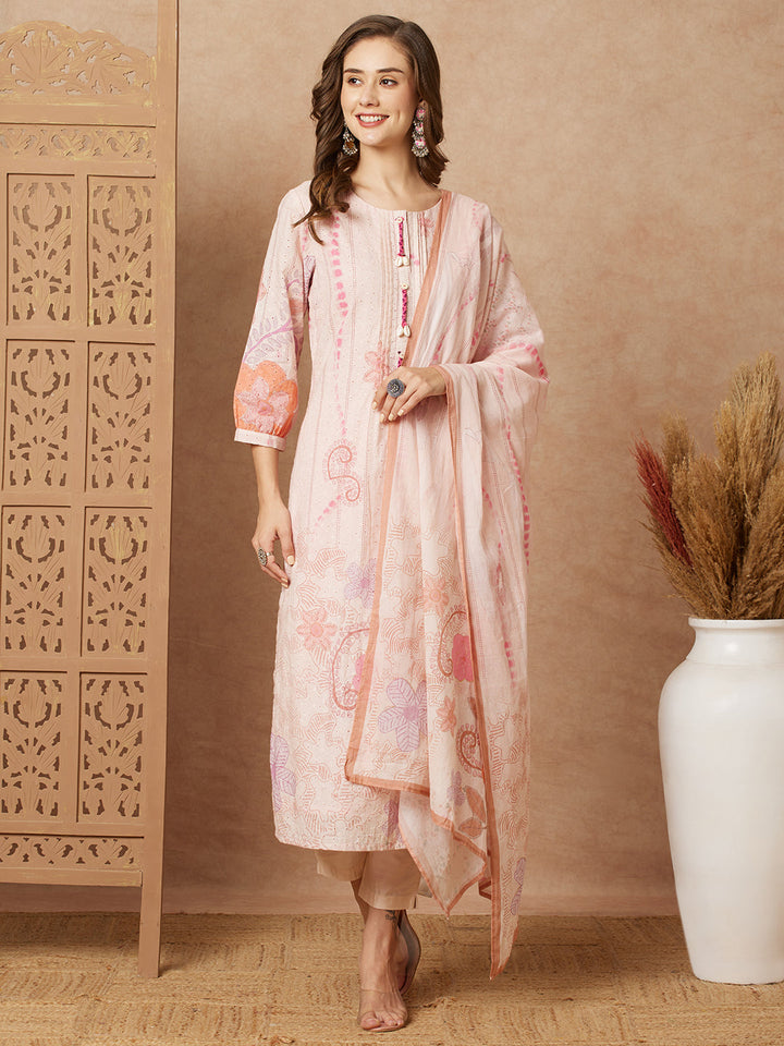 Floral Printed Straight Fit Kurta with Pant & Dupatta - Peach