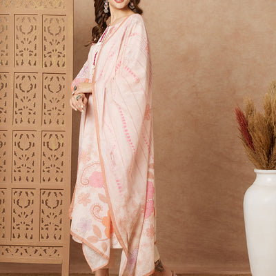 Floral Printed Straight Fit Kurta with Pant & Dupatta - Peach