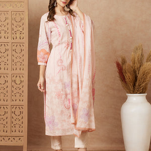 Floral Printed Straight Fit Kurta with Pant & Dupatta - Peach