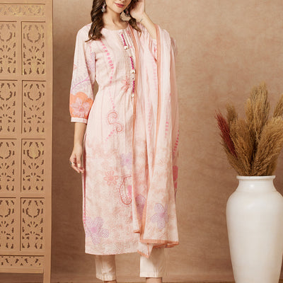 Floral Printed Straight Fit Kurta with Pant & Dupatta - Peach