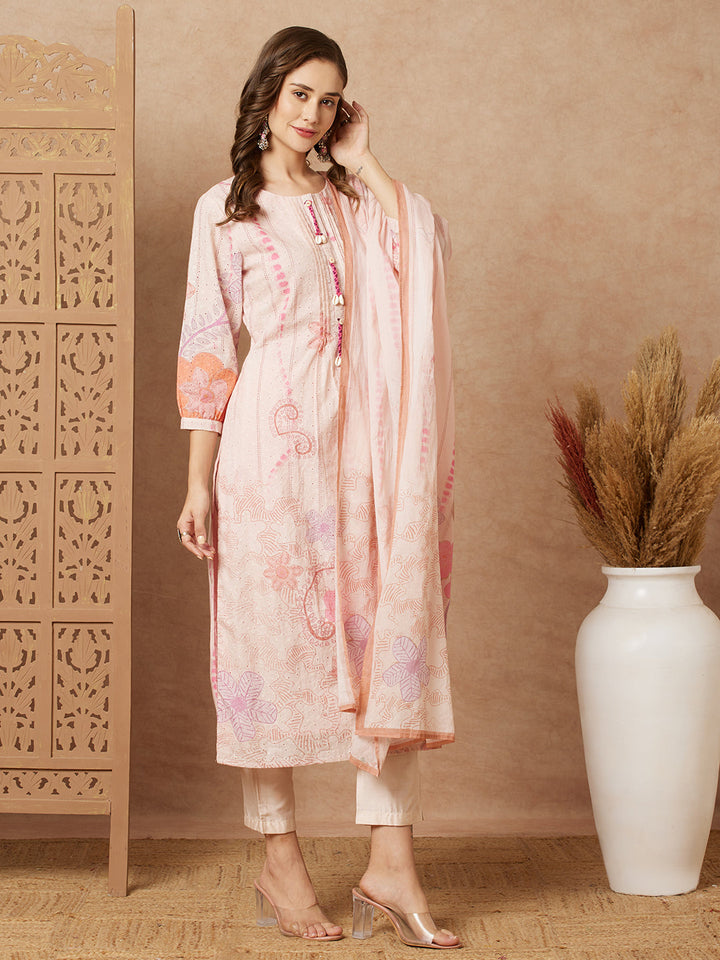 Floral Printed Straight Fit Kurta with Pant & Dupatta - Peach