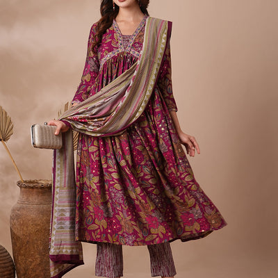 Floral Printed & Embroidered A-Line Pleated Kurta with Pant & Dupatta - Magenta